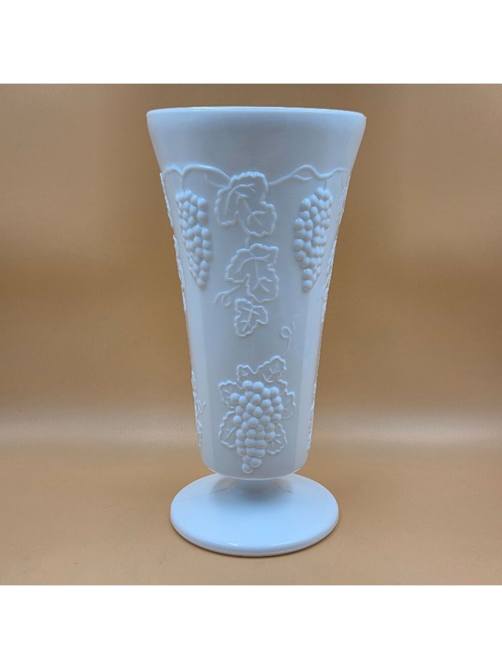 Colony Harvest Milk Glass Grape and Leaf 10 Inch Flower Vase Footed